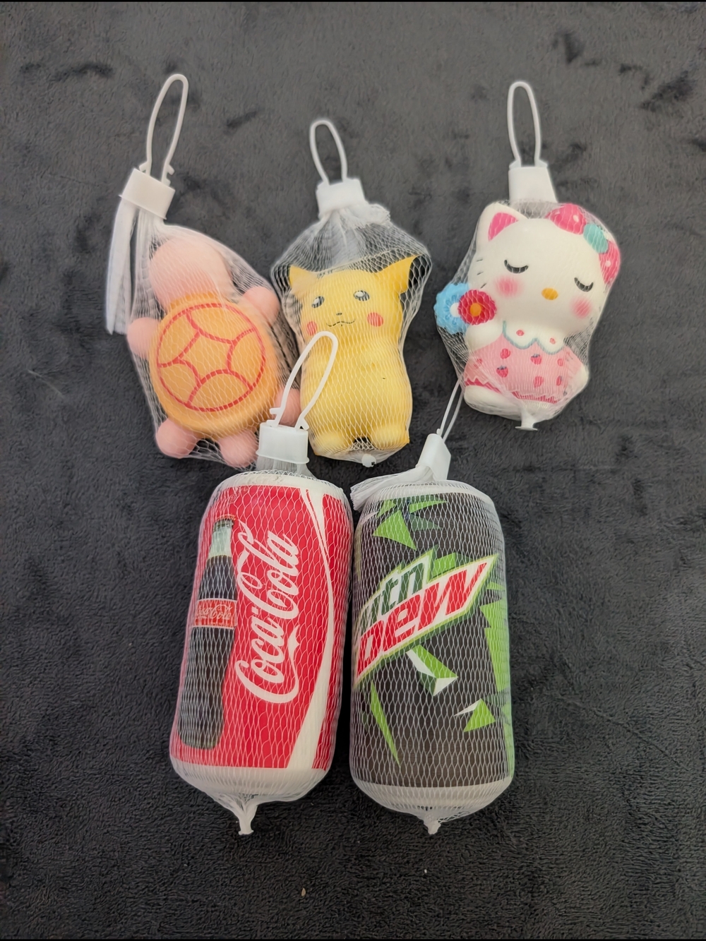 2 Cute Kawaii Squishy Keychain Bundle - Hello Kitty, Pikachu, Turtle + Soda Cans